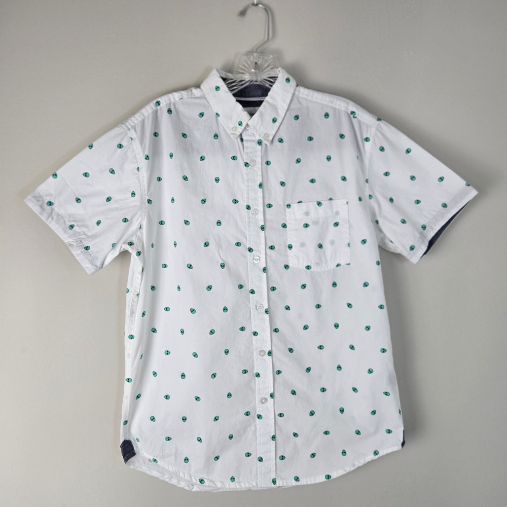 Alien Print Short Sleeve Button Down Shirt White Green Space Theme Top